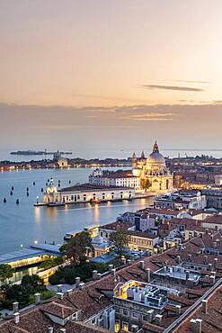 Evening atmosphere, Basilica di Santa Maria della Salute, view from the bell tower Campanile di San Marco, city view of Venice, Veneto, Italy, Europe