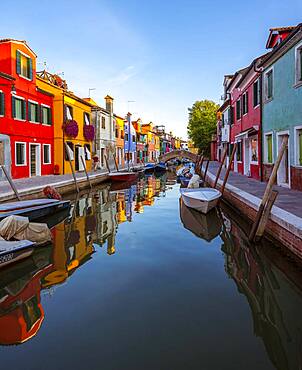 Canal with boats, Colorful houses, Colorful facades, Burano Island, Venice, Veneto, Italy, Europe