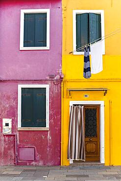 Door and window of a yellow and pink house, colorful houses, colorful facade, Burano Island, Venice, Veneto, Italy, Europe