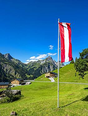 Austrian flag in Lechtal, Tyrol, Vorarlberg, Austria, Europe