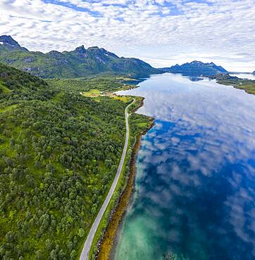 Fjord Raftsund and mountains, aerial view, Vesteralen, Norway, Europe