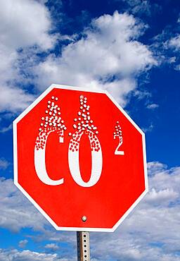 Stop sign, with CO2, climate change, USA, North America