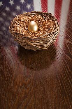 Golden egg in nest with american flag reflection on wooden table