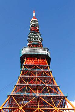 Detail of Tokyo Tower in front of blue sky, Tokyo, Japan, Asia