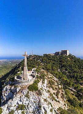 Aerial view Santuari de Sant Salvador monastery, Puig de Sant Salvador, near Felanitx, Migjorn region, Majorca, Balearic Islands, Spain, Europe