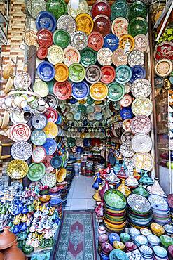 Colorful ceramic bowls sold in old town of Marrakech, Morocco, Africa