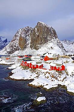 Rorbuer, typical wooden houses, Hamnoy, Reinefjord with mountains, Reinefjorden, Lofoten, Nordland, Norway, Europe