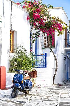 Scooter, Vespa, in an alley, Lefkes, Paros, Cyclades, Aegean Sea, Greece, Europe