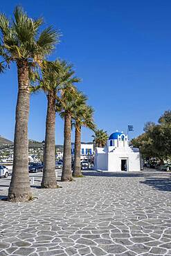 Blue and White Greek Orthodox Church Agios Nikolaos with Greek Flag, Parikia, Paros, Cyclades, Aegean Sea, Greece, Europe