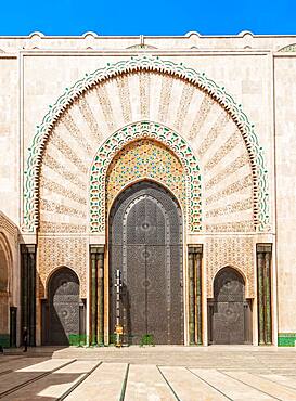 Ornate exterior wall, entrance gate with mosaic and ornament, Hassan II Mosque, Grande Mosquee Hassan II, Moorish architecture, Casablanca, Morocco, Africa