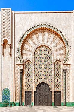 Ornate exterior wall, entrance gate with mosaic and ornament, Hassan II Mosque, Grande Mosquee Hassan II, Moorish architecture, Casablanca, Morocco, Africa