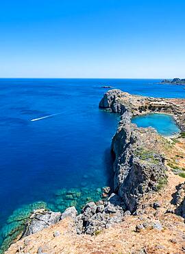 Rocky coast and Paulus Bay, view from the Acropolis, Lindos, Rhodes, Doedekanes, Greece, Europe