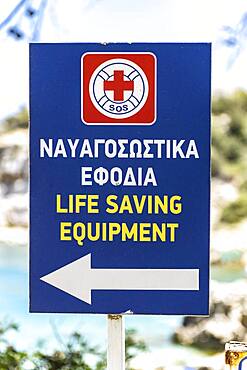 Sign for Life Saving Equipment on a beach, Rhodes, Greece, Europe