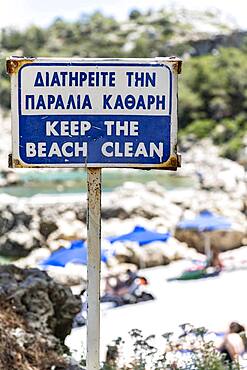 Sign, Please keep the beach clean, Keep the beach clean, Rhodes, Greece, Europe