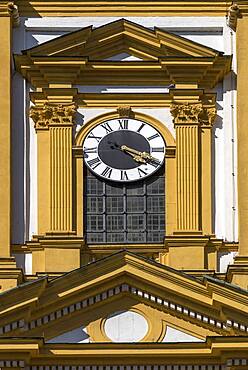 Tower clock of the protestant town church, baroque building from 1699, Kitzingen, Lower Franconia, Bavaria, Germany, Europe