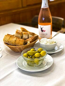 Olives with white bread and wine, Port Andratx, Majorca, Spain, Europe