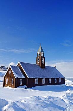 Wooden church in winter landscape, Zion Church, Ilulissat, Greenland, Denmark, North America