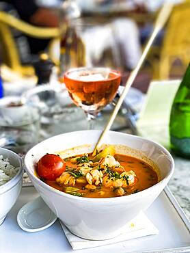 Asian soup in coconut sauce with shrimp and fish with rice, Port Andratx, Majorca, Spain, Europe