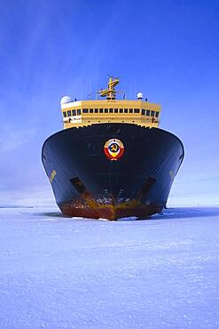 Russian Icebreaker Kapitan Khlebnikov parked in the frozen sea at Atka Iceport or Atka Bay, Weddell Sea, Antarctica