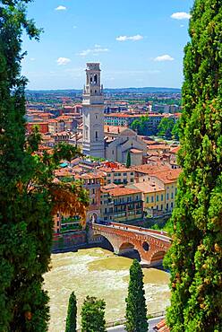 City view Verona with the stone bridge Ponte Pietra and the river Adige, Castel San Pietro, Verona, Veneto, Italy, Europe