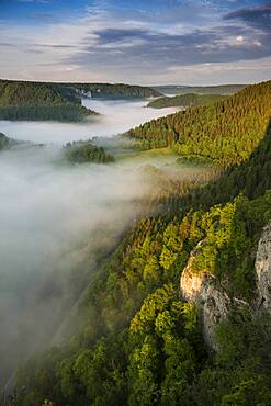 View from Eichfelsen with morning fog, sunrise, near Irndorf, Upper Danube nature Park, Upper Danube Valley, Danube, Swabian Alb, Baden-Wuerttemberg, Germany, Europe