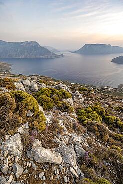 Panorama, View over Kalymnos with islands Kalavros and Telendos, Evening atmosphere, Dodecanese, Greece, Europe