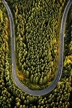 Curve of country road from above in the Thuringian Forest, Thuringia, Germany, Europe