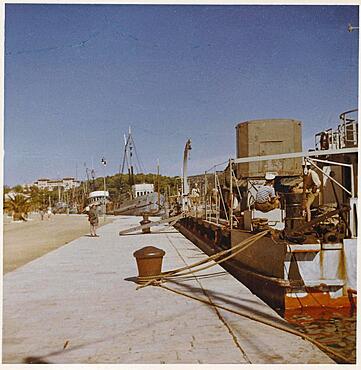 Yugoslavia in 1957, harbour of the island Rab with fishing boats, Adriatic Sea, Croatia, Europe