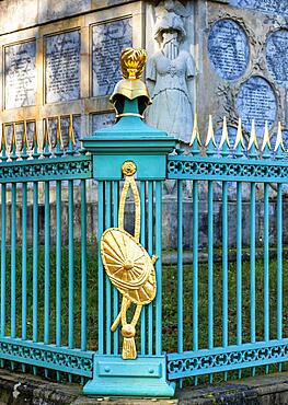 Restored fence with gold helmets at the Lake Grienerick obelisk in Rheinsberg, Rheinsberg, Brandenburg, Germany, Europe