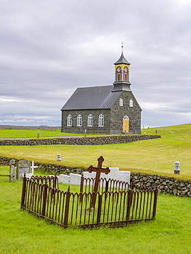 Hvalsneskirkja with cemetery, Sandgeroi, Suournes, Iceland, Europe