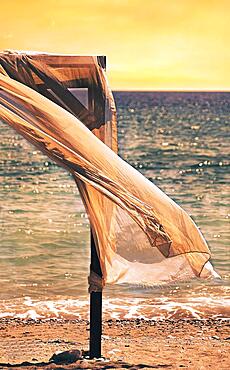 Canopy for beach loungers with curtains, beach, Rhodes, Greece, Europe