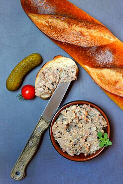 A bowl of meat terrine and slice of bread, France, Europe