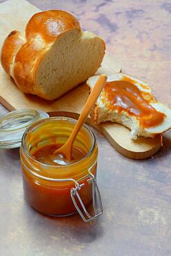 French caramel cream in glass and yeast plait, Brittany, France, Europe