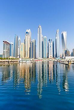 Dubai Marina and Harbour Skyline Architecture Vacation in Arabia Water Reflection in Dubai, United Arab Emirates, Asia
