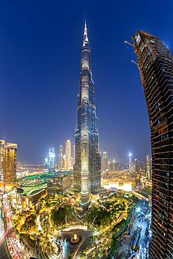 Dubai Burj Khalifa Kalifa skyscraper skyline architecture by night in Dubai, United Arab Emirates, Asia