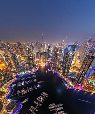 Dubai Marina Harbour Skyline Architecture Holiday Overview by Night in Dubai, United Arab Emirates, Asia