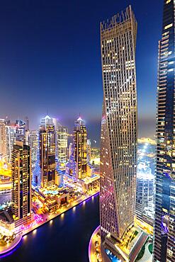 Dubai Marina Harbour Skyline Architecture Holiday Overview by Night in Dubai, United Arab Emirates, Asia