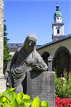 Grave statue in St. Peter's Cemetery, cemetery of St. Peter's Abbey, Salzburg, Austria, Europe