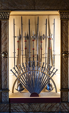 Medieval weapons, swords and lances, interior, Doge's Palace, Palazzo Ducale, Venice, Veneto, Italy, Europe