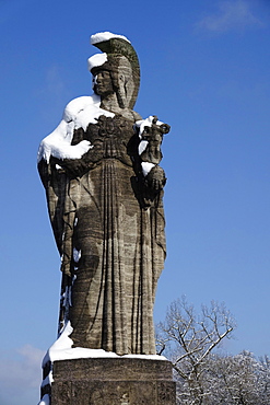 Statue of Pallas Athena on the Maximiliansbruecke, snowy state capital Munich, Free State of Bavaria, Germany, Europe