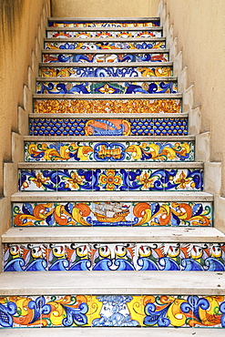 Staircase steps decorated with ceramic tiles, Sciacca, Sicily, Italy, Europe