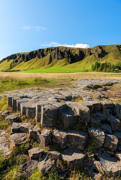 Glacier-carved basalt columns, Kirkjugolf or church pavement, Kirkjubaejarklaustur, Skaftarhreppur, Suourland, Iceland, Europe