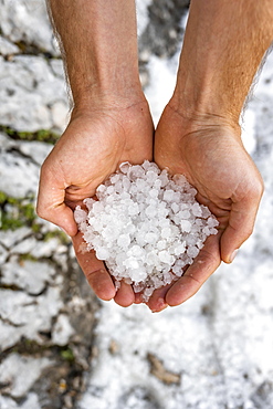 Two hands holding hailstones, hail, storm, Garmisch-Partenkirchen, Bavaria, Germany, Europe