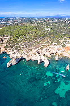 Portugal Algarve beach Praia da Marinha sea ocean drone shot from above in Praia da Marinha, Portugal, Europe