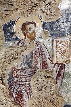 Saint with bible, medieval fresco in the church of Agios Nikolaos, Byzantine ruined town of Mistra, Mystras near Sparta, Laconia, Peloponnese, Greece, Europe