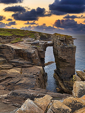 Rock Needle with Bridge, Old Red Sandstone Cliffs, Yesnaby Coastal Walk, Sunset, Sandwick, Mainland, Orkney, Scotland, United Kingdom, Europe