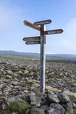 Signpost, Fimmvoerouhals hiking trail, barren volcanic landscape, Porsmoerk Nature Reserve, Suourland, Iceland, Europe