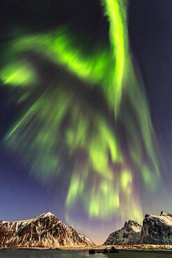 Northern lights (Aurora borealis), sea, mountains, stars, Flakstad, Nordland, Lofoten, Norway, winter Scandinavian landscape, Europe