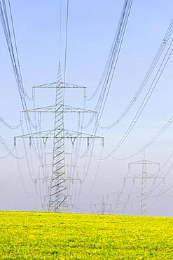 High-voltage pylons, overhead power lines, Baden-Wuerttemberg, Germany, Europe