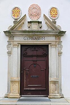 Entrance door to the grammar school, historic old town, Passau, Lower Bavaria, Bavaria, Germany, Europe